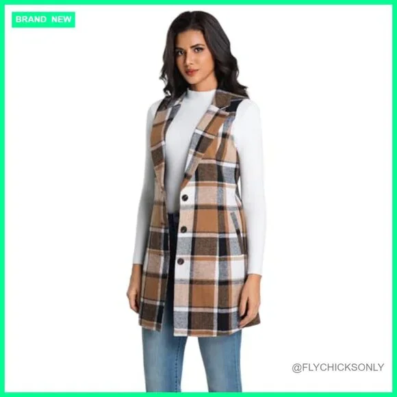 Long Wool Blend Plaid Vest Sleeveless Blazer Trench Coat